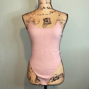 Unbranded Dusty Rose Ribbed Knit Spaghetti Strap Thong Bodysuit Small 0396673
